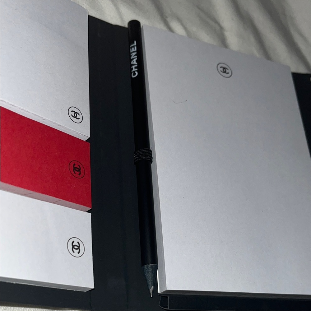 CHANEL Black and White Notepad Set with Red Highlights